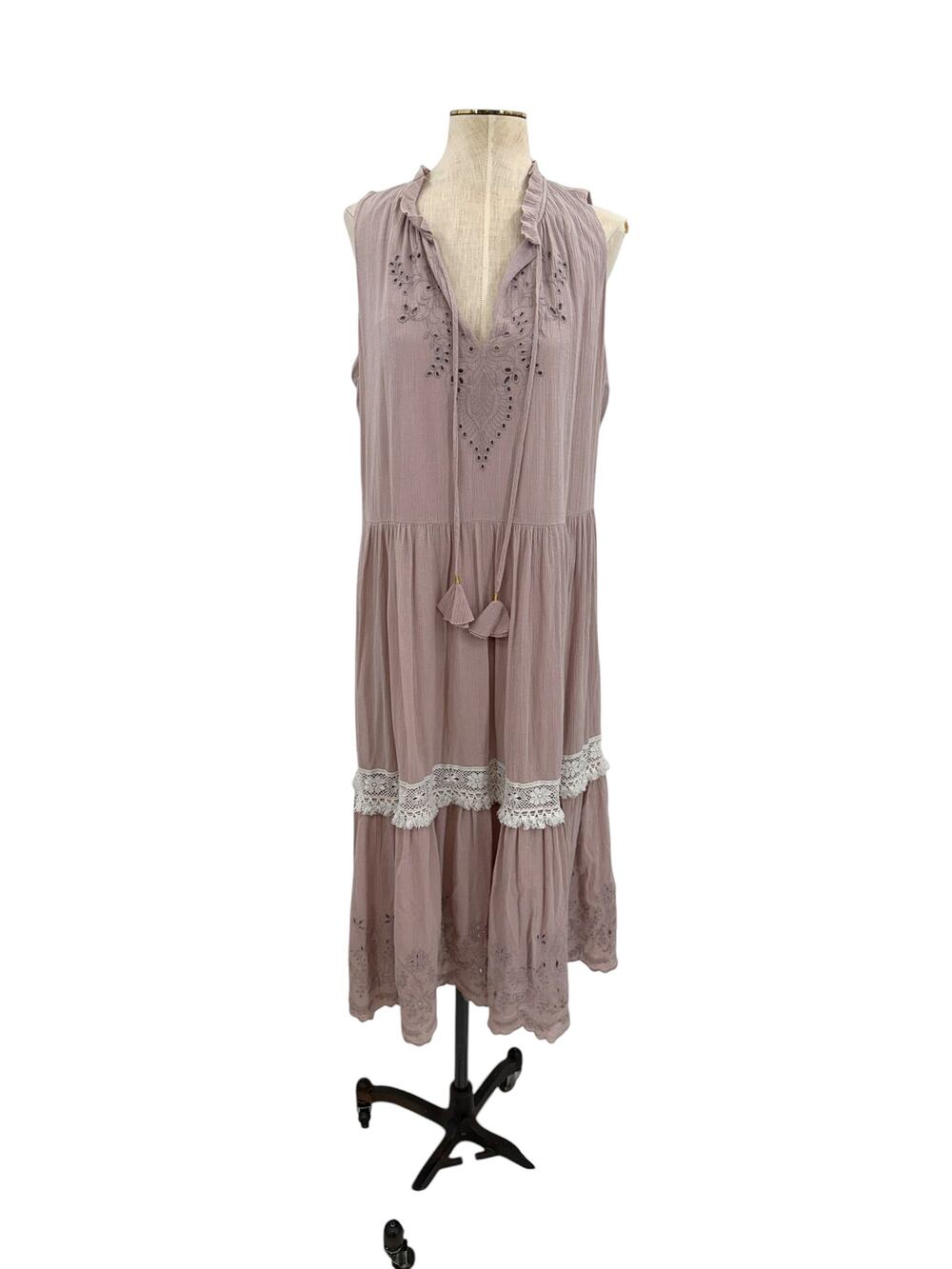Jade Johnny Was Embroidered Eyelet Tiered Cotton Midi Dress‎ Lavender Medium
